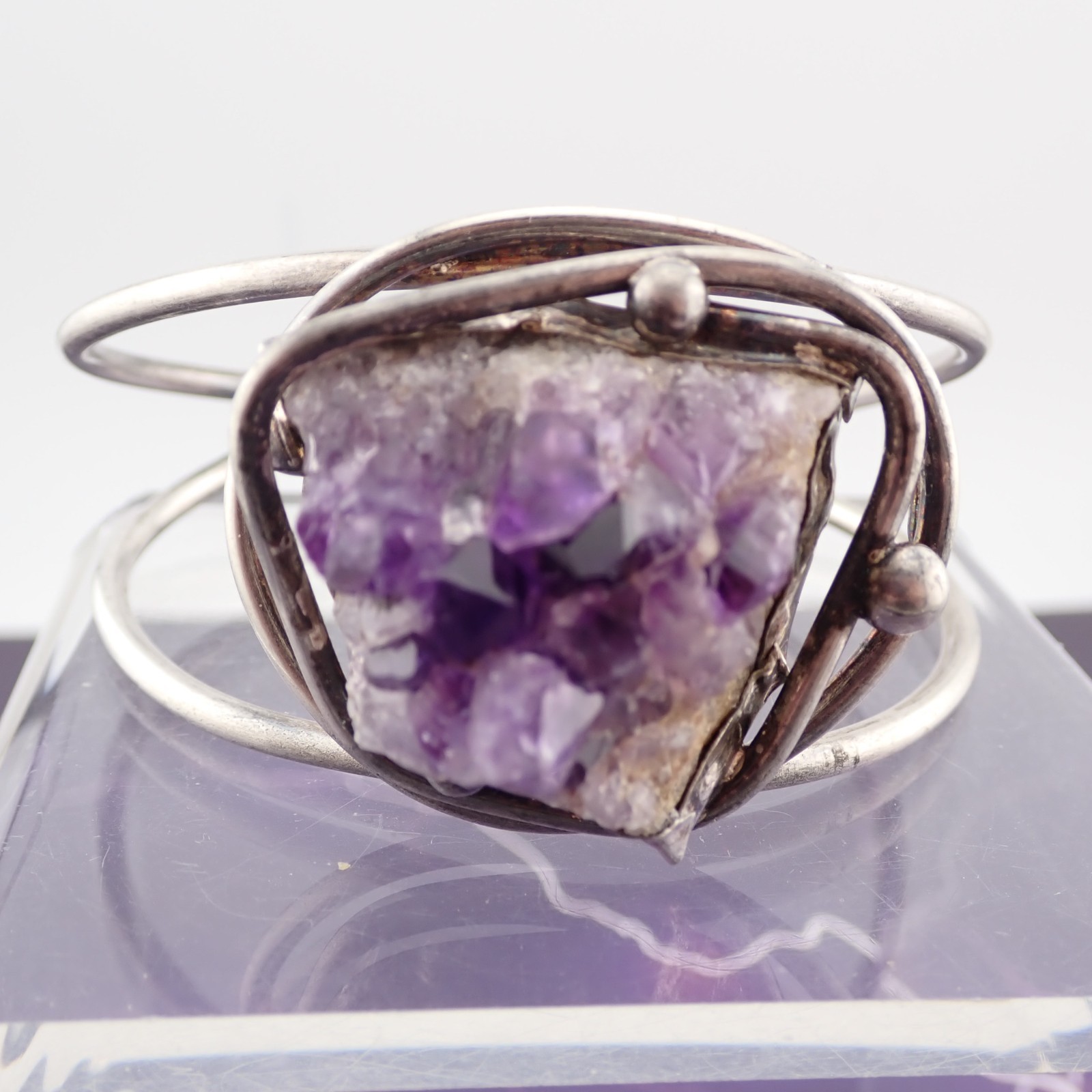 Vtg Sterling Silver Natural Amethyst Geode Crystal 7″ Cuff 41.9 gr Bracelet