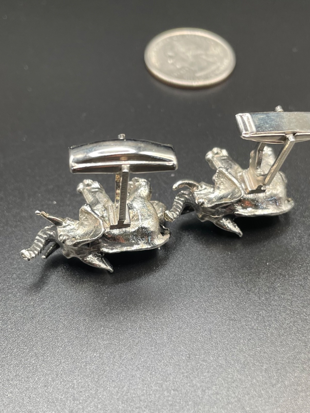 Vintage 3D Elephant Silver Tone Detailed Trunk Up Good Luck Mascot Cufflinks