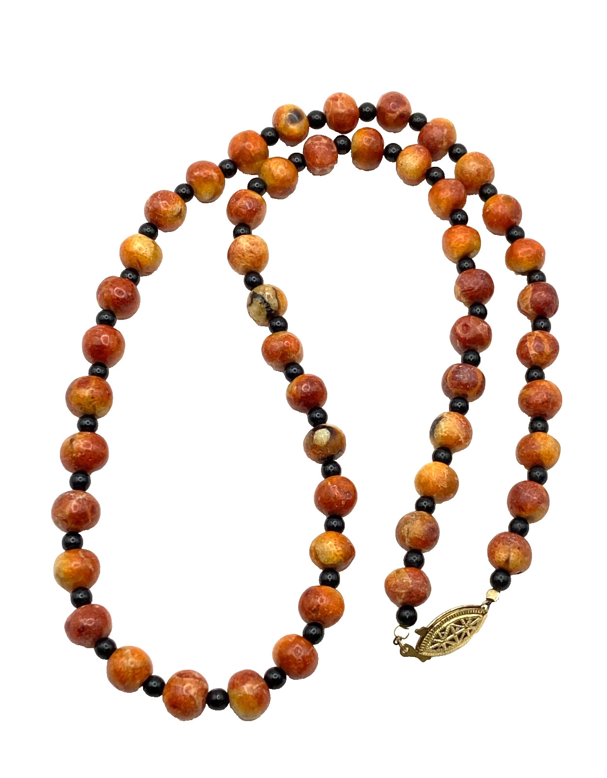 Vintage Apple Sponge Coral Red/Orange Beaded Necklace Black Agate? Gold Tone 24″
