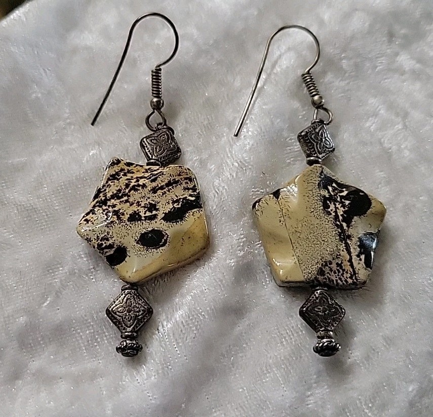 Vtg Silver Jasper Pierced Dangle Hook Earrings