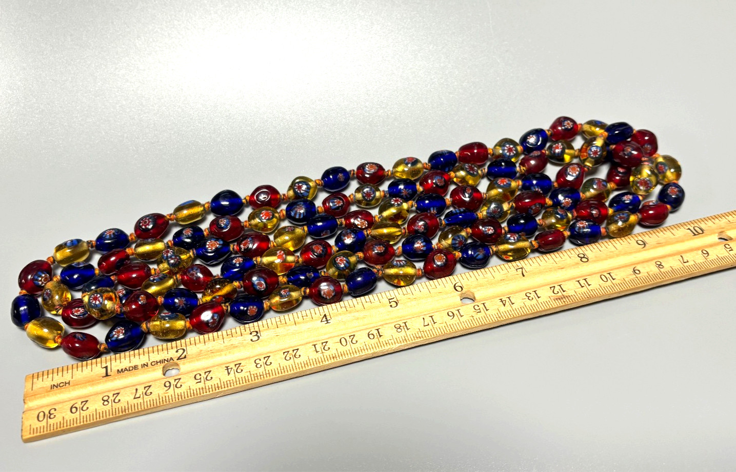Vintage VENETIAN MURANO GLASS Bead Knotted Rope Long Necklace 62″ – 180g