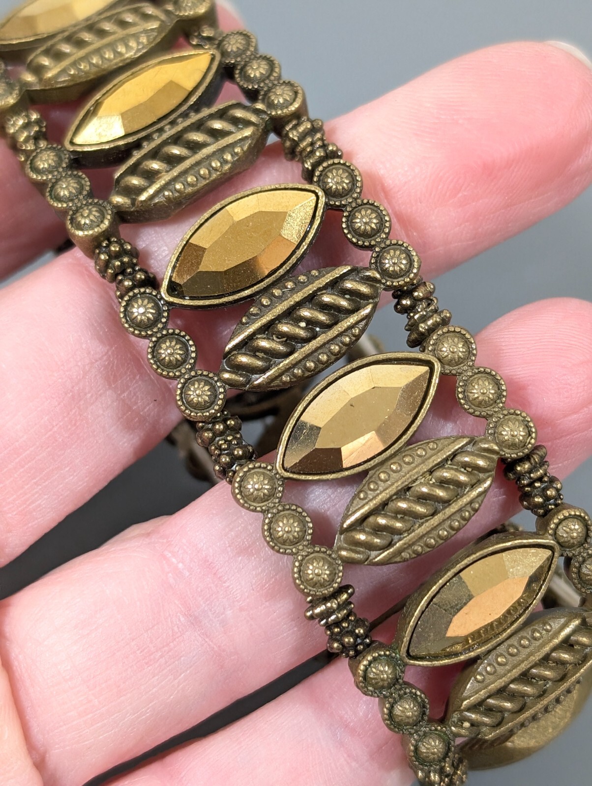 Bronze Tone Rhinestone Marquise Tribal Western Stretch Bracelet 6.5 in