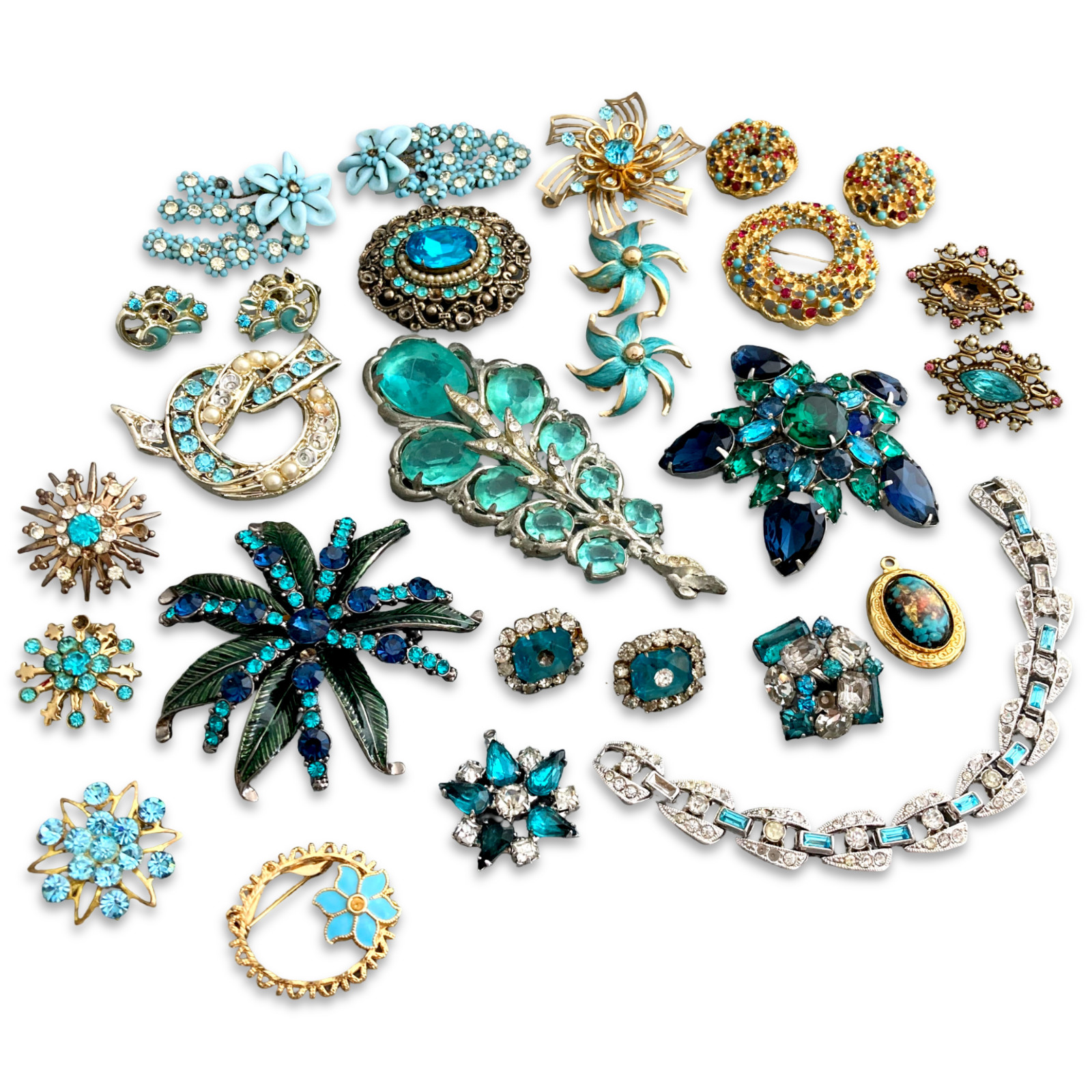 Vintage Blue Rhinestone Costume Jewelry Repair Lot, Brooch Earrings Bracelet Pin