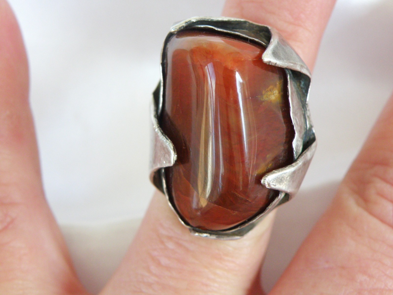 Vintage Sterling Silver 925 Banded Agate Brutalist Modernist Statement Ring 7