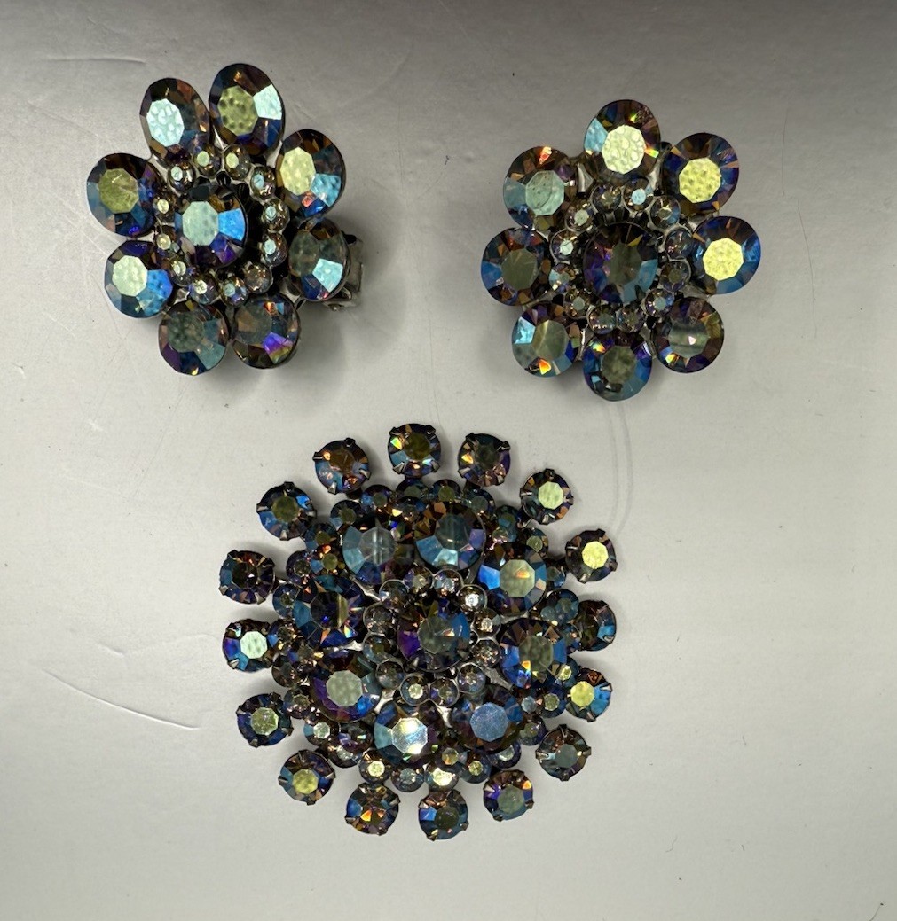 Vintage Aurora Borealis Earrings and Brooch Matching Set Costume Jewelry Blue