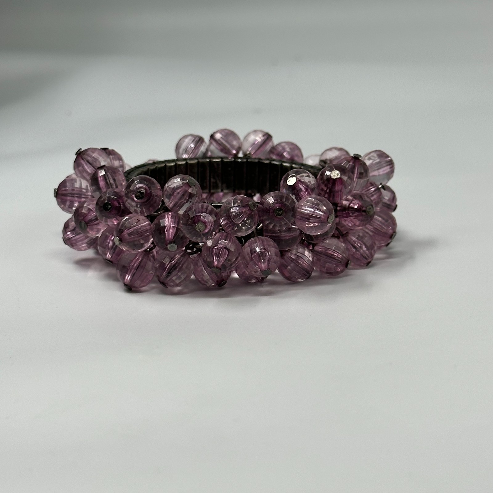 Vintage Cha Cha Expansion Bracelet Purple Faceted Round Beads Silver Tone