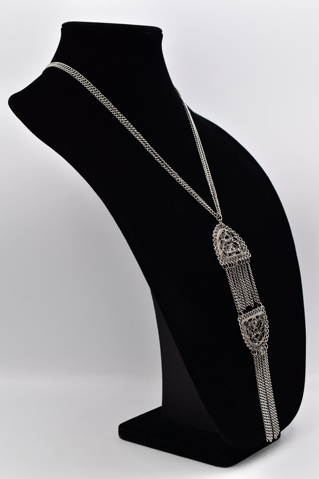 Vintage Silver Filigree Tassel Necklace Long Statement Fringe Chain 1970s Bin3C