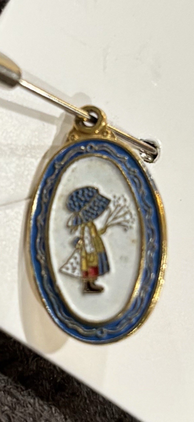 Two Vintage Holly Hobby Pendant Costume Jewelry Small Enamel Goldtone 0.25×0.35”