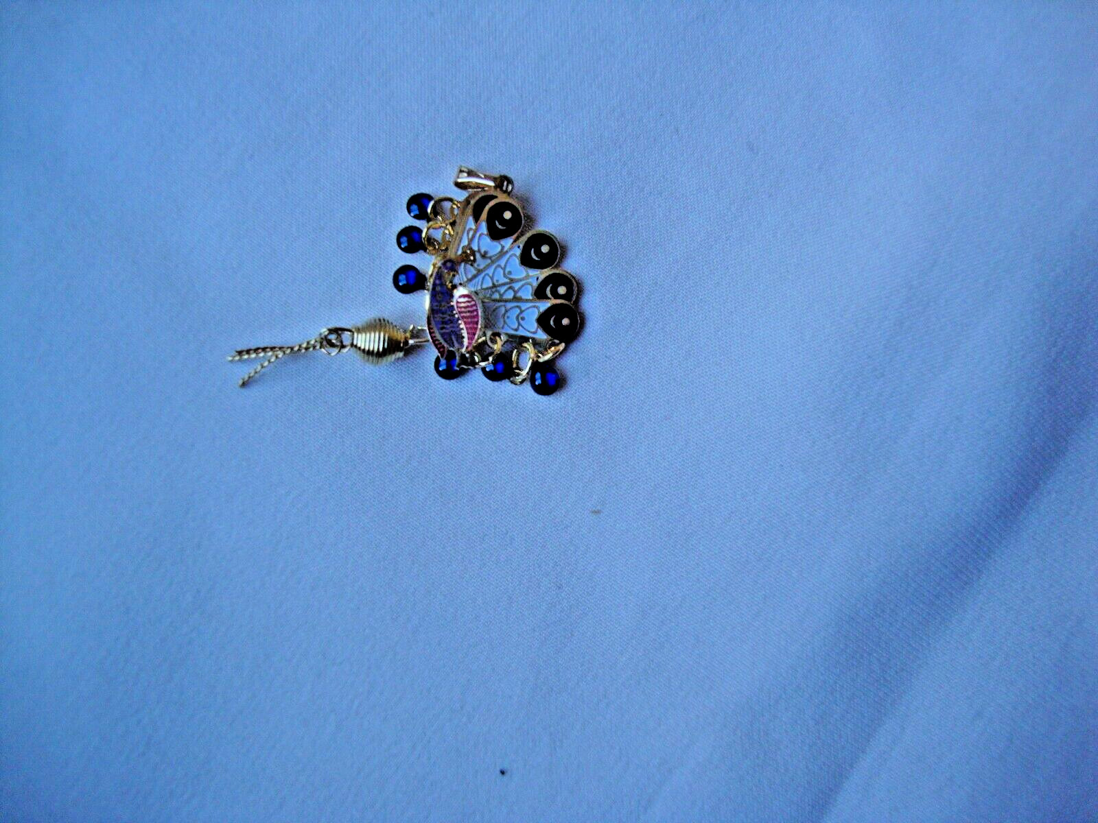 Vintage Folding Peacock Fan Purple Red Blue & White Enamel Gold Plated Pendant