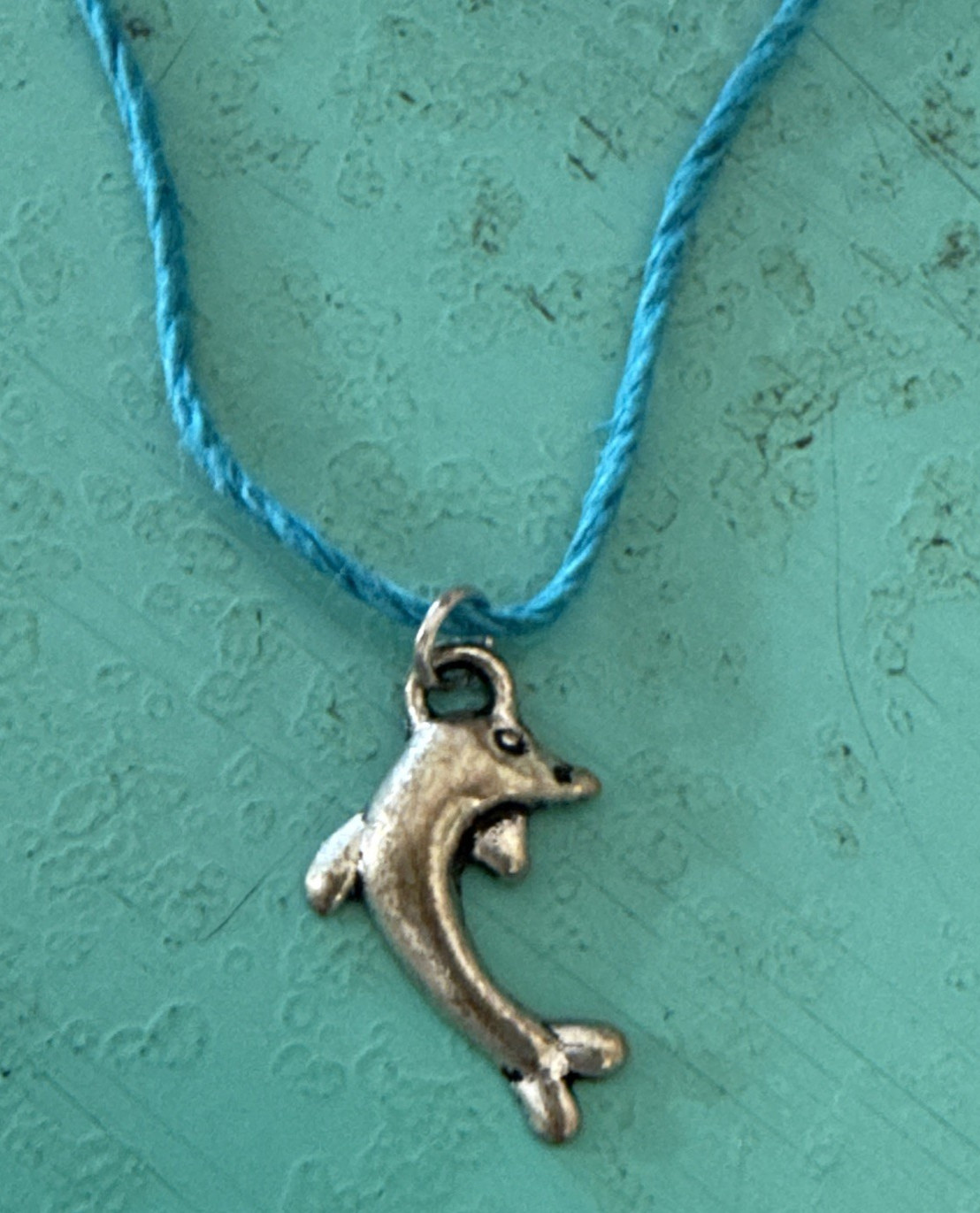 DOLPHIN CHARM Dainty Necklace Hemp Cord Boho Beach Ocean Tibetan Silver Tone