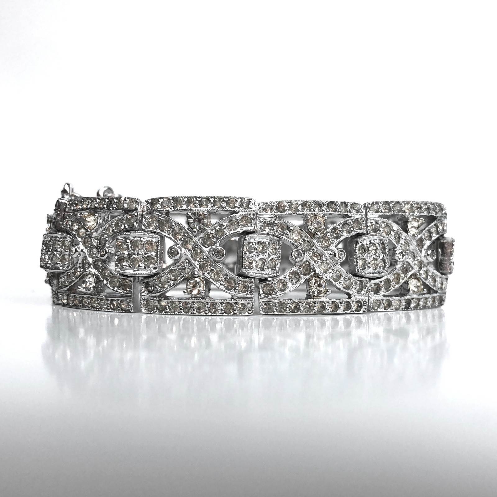Vintage Art Deco Rhinestone Bracelet Geometric Panels Safety Chain Clasp
