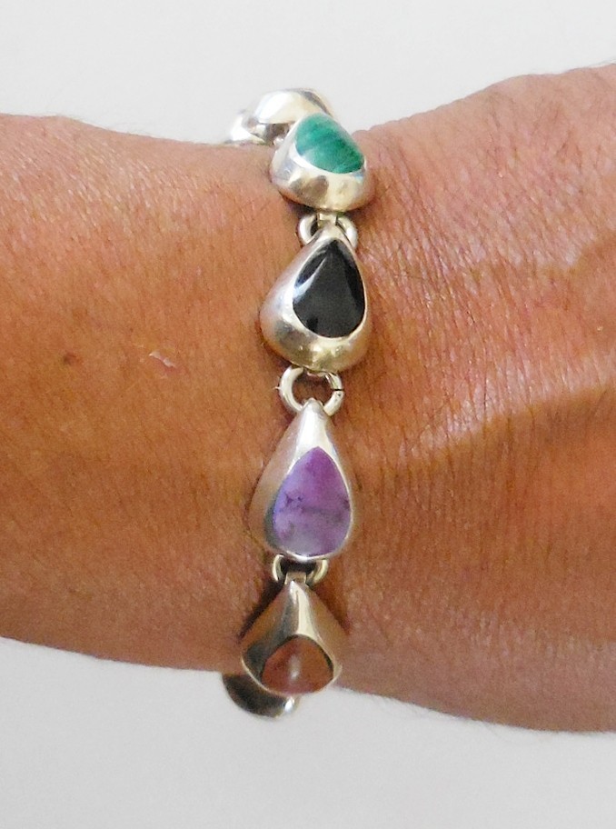 VINTAGE GEODE STERLING SILVER BRACELET BEAUTIFUL COLORFUL STONES 31 GRAMS