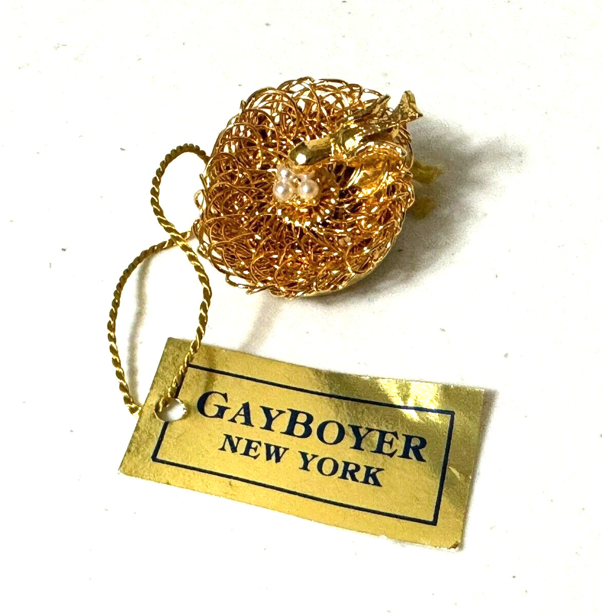 Vintage Gay Boyer New York Wired Gold Tone Faux Pearl Eggs Bird’s Nest Brooch