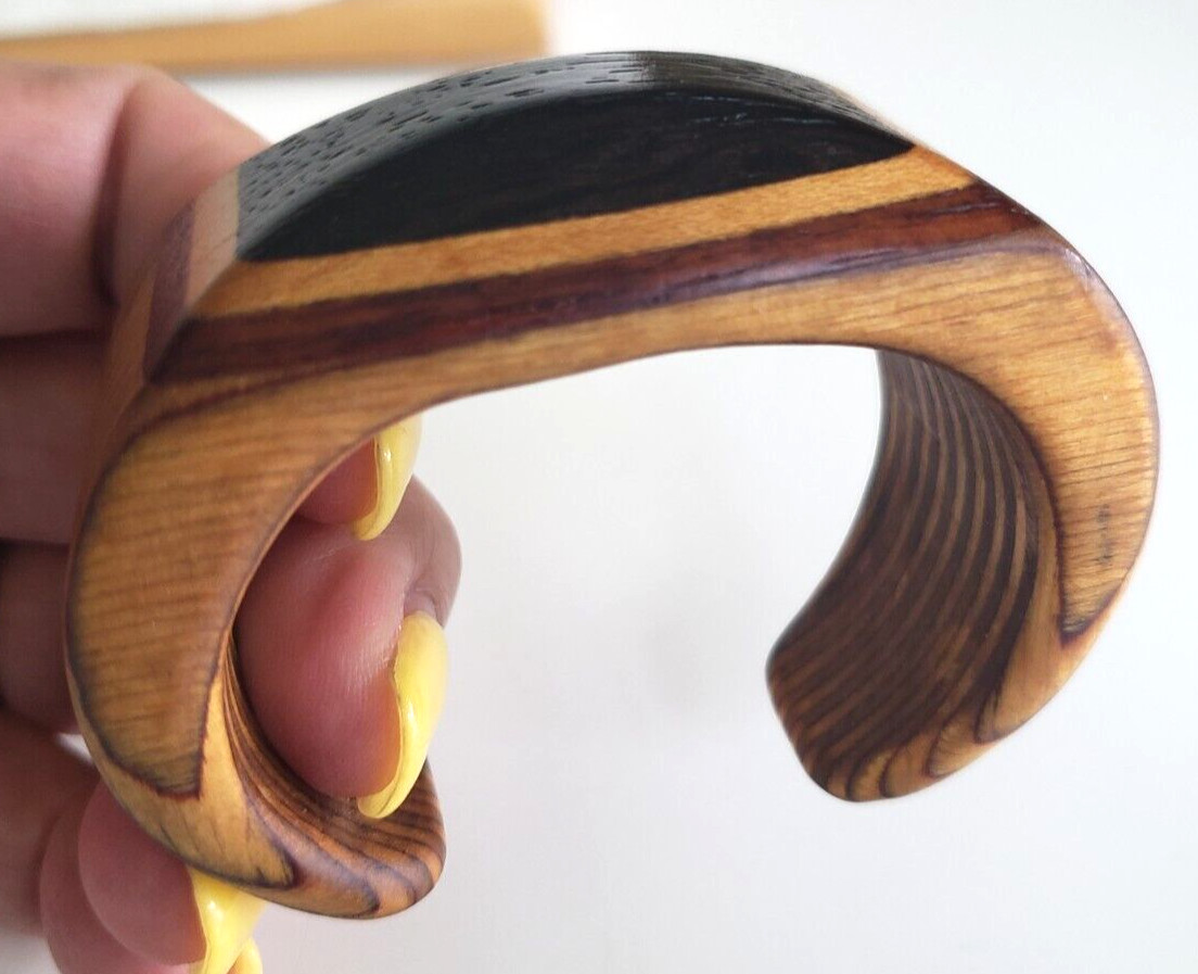 Vintage Inlay Laminated Layered Wood Cuff Bracelet 4-7/8″ Size Small