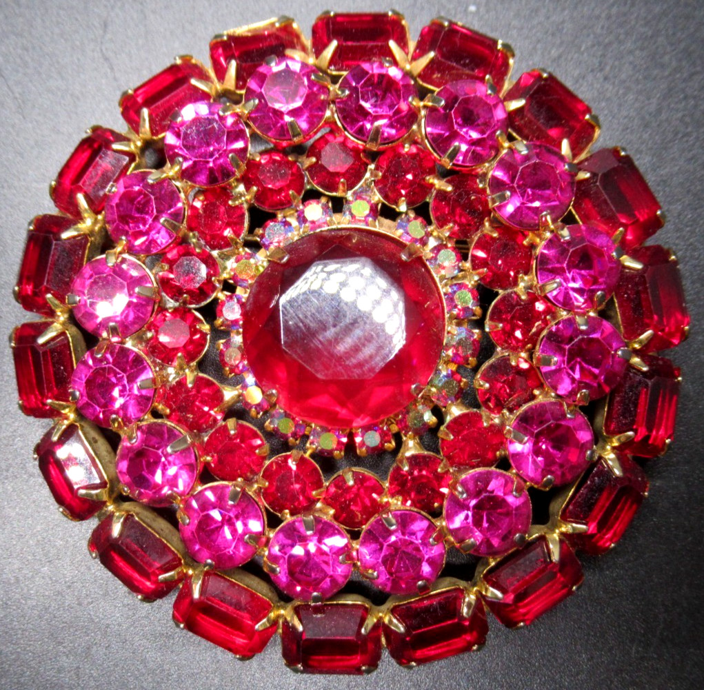 HUGE Fuchsia Pink & Red Rhinestone Vintage Pin Brooch