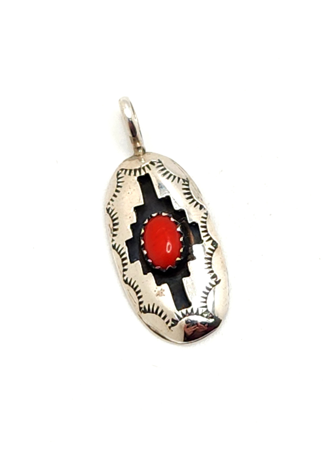Sterling Silver Coral Cabochon Oval Shadowbox Pendant, Signed P, 1 1/8″ Tall