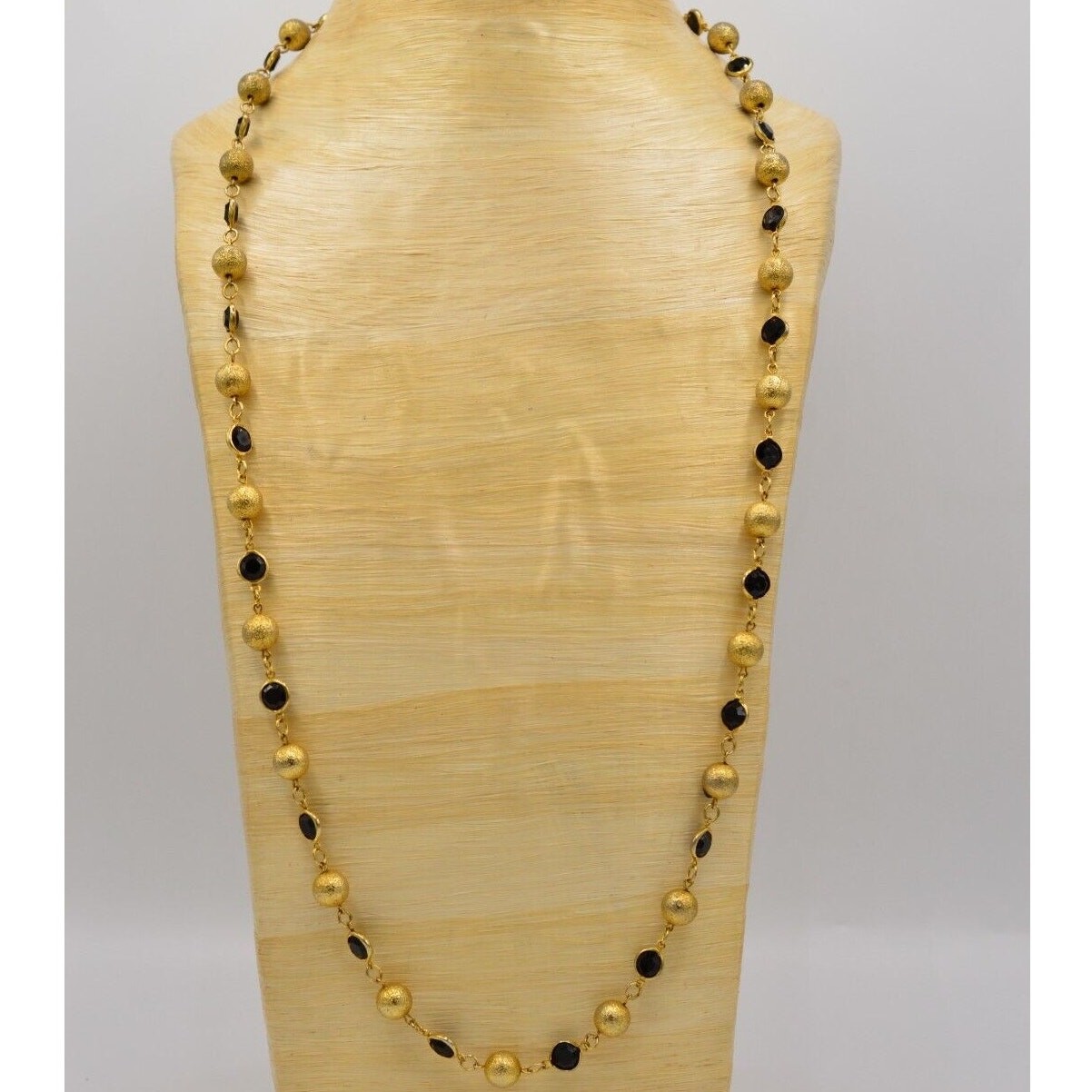 Austrian Crystal USA Vintage Necklace Black Open Bezel Gold Ball Signed 80s Bin8
