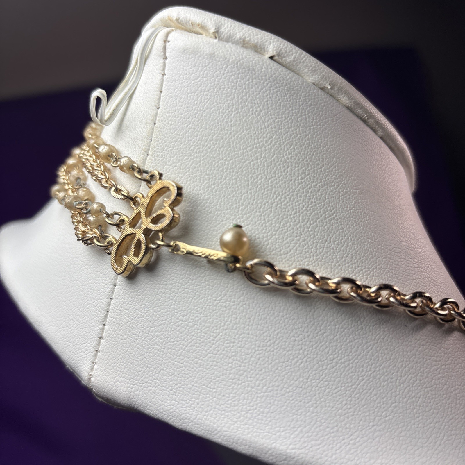 Vintage Multi-Strand Layered Gold Chain W/Faux Pearls Drape Necklace N34