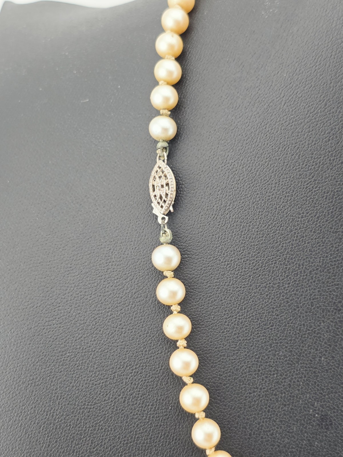 ​Vintage Hand Knotted Glass Pearl Necklace Sterling Silver Filigree Clasp 16″