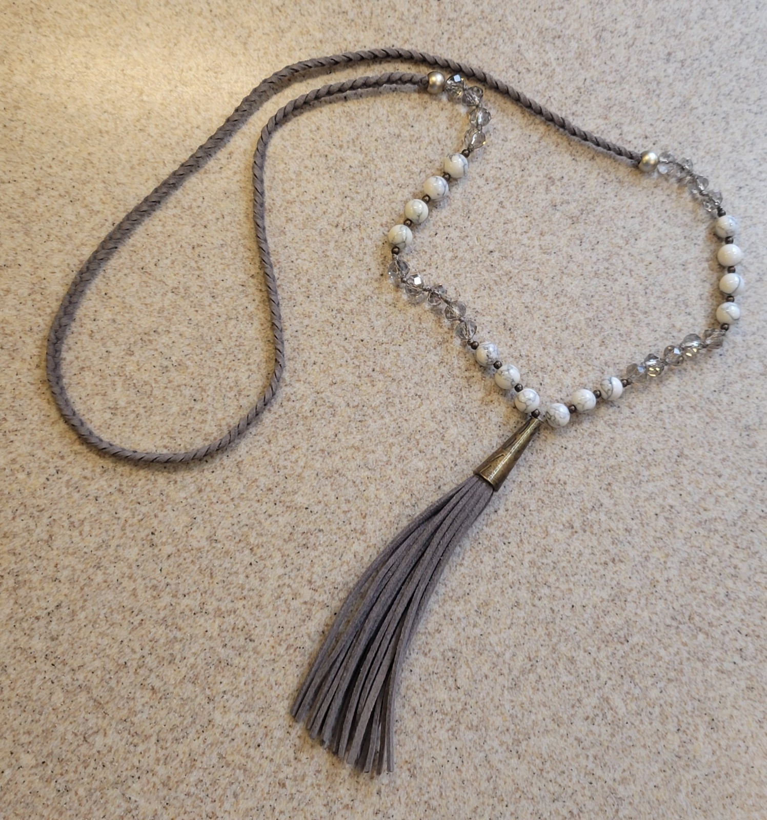 Gray Leather Tassels And Brass Pendant On Braided Beaded 32in Cord Necklace