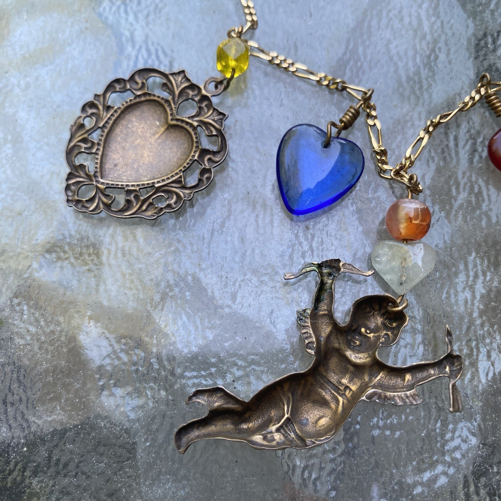 Vintage Glass Works Studio Charm Necklace GWS Cupid Heart Angel Costume Jewelry