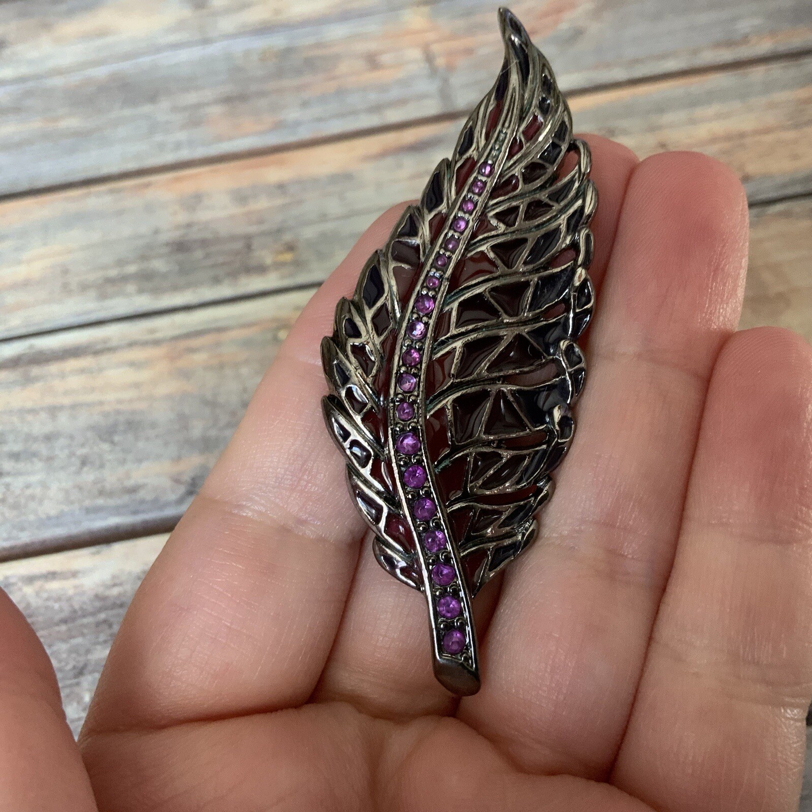 Gunmetal pink purple rhinestone enamel feather leaf brooch