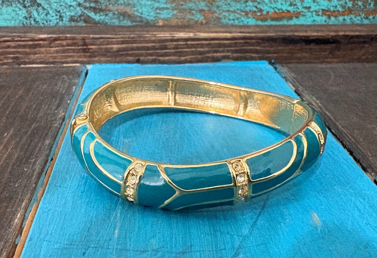 Vintage “Perfect Wave” azure blue enamel and crystal hinged bangle gold tone