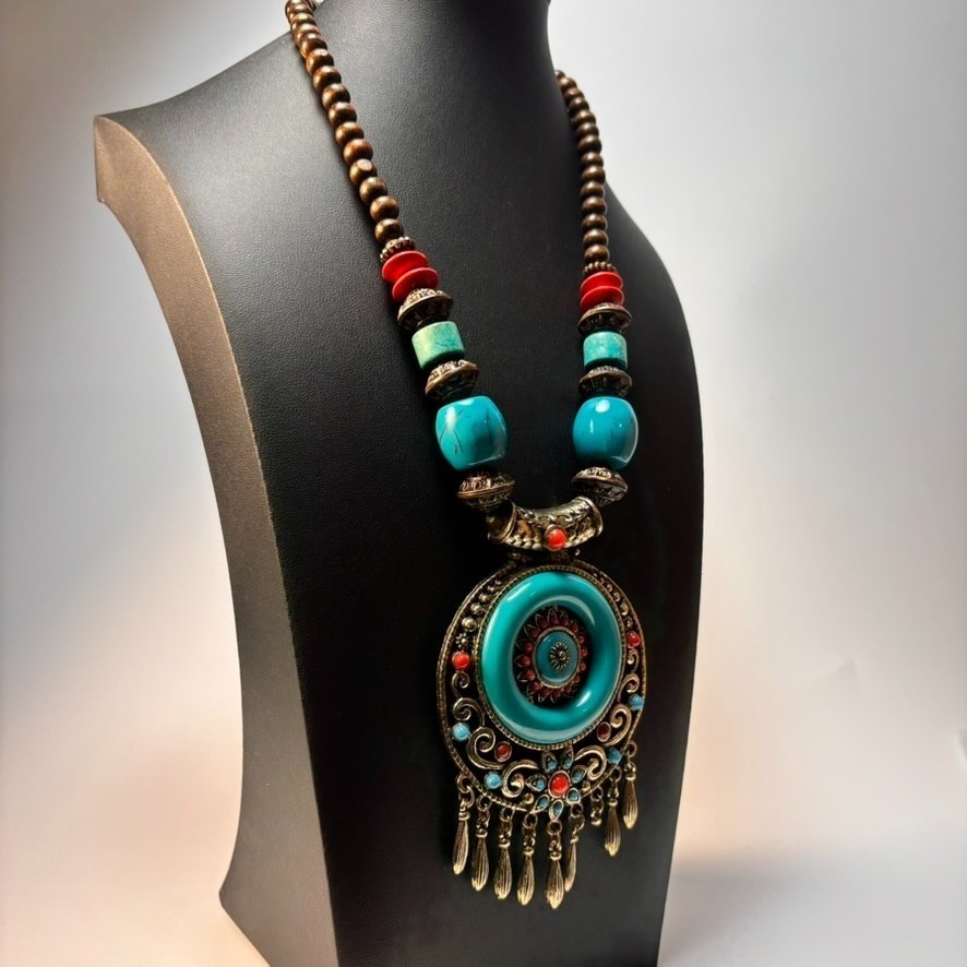 Chunky Vintage Necklace Wood Beads Boho Chunky Blue Resin Pendant