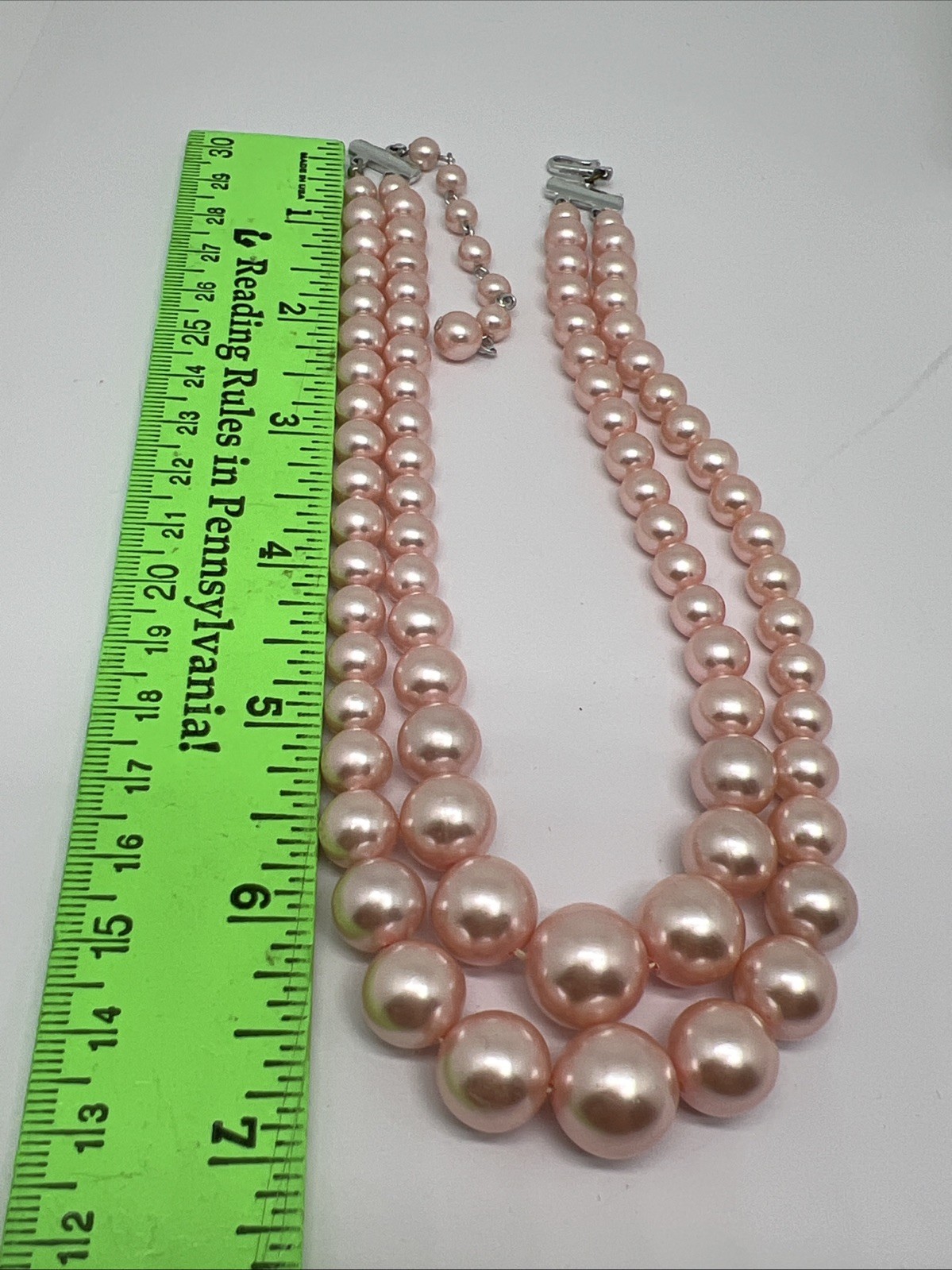 Vintage pink Faux Pearl 15”-17” Necklace Graduated Double Strand Signed Japan