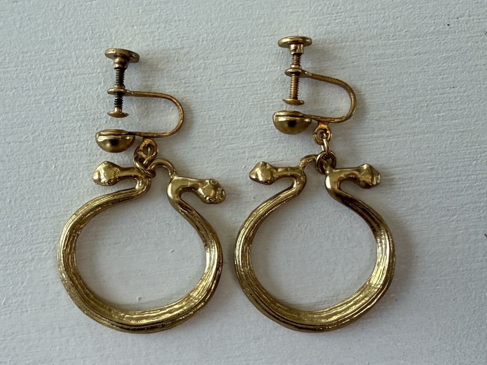 RARE Vintage Alva Museum Replicas Serpent Hoop Earrings Gold Tone VTG