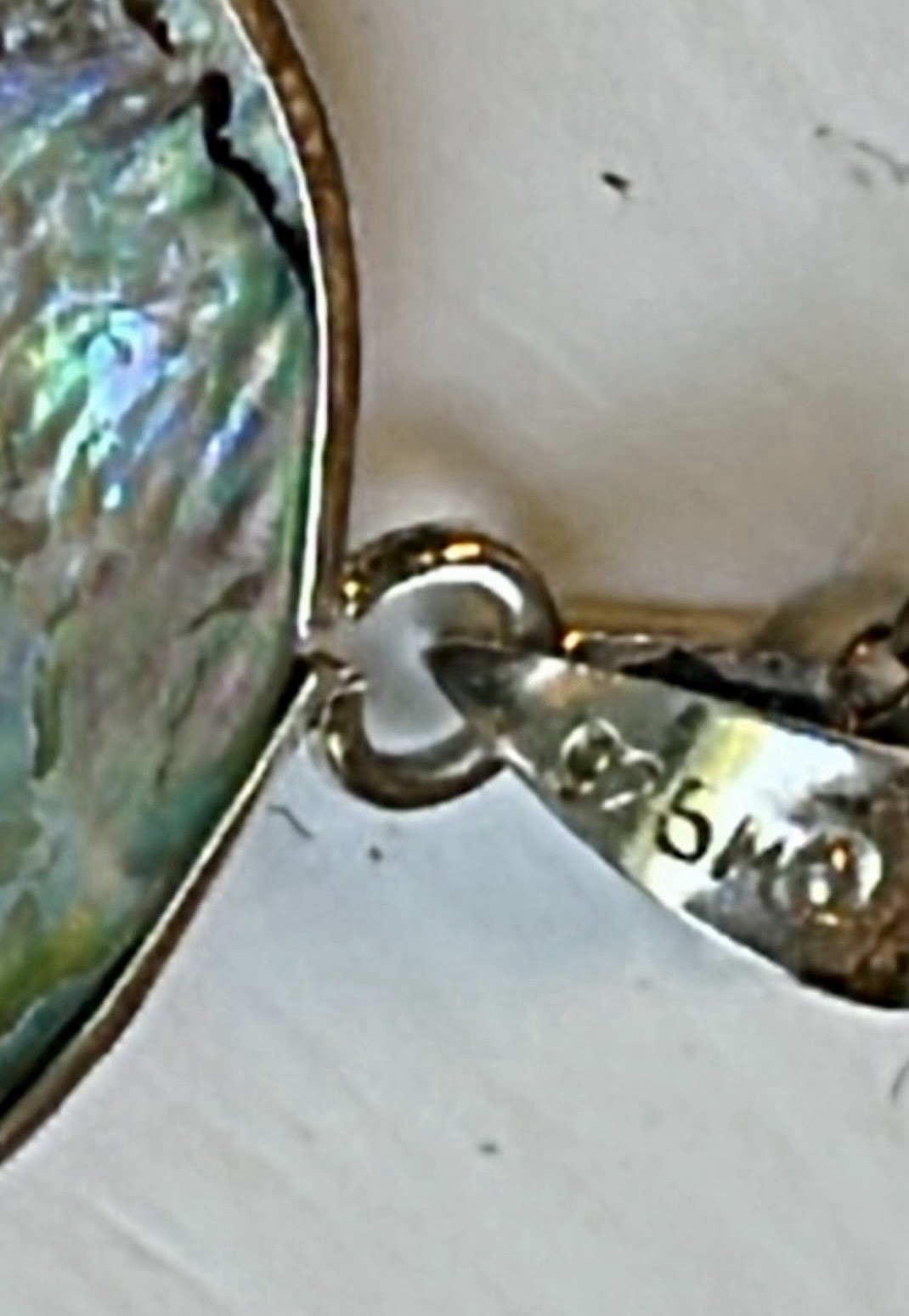 Vintage Sterling Silver Abalone Shell Pendant Necklace 18” Oval Iridescent