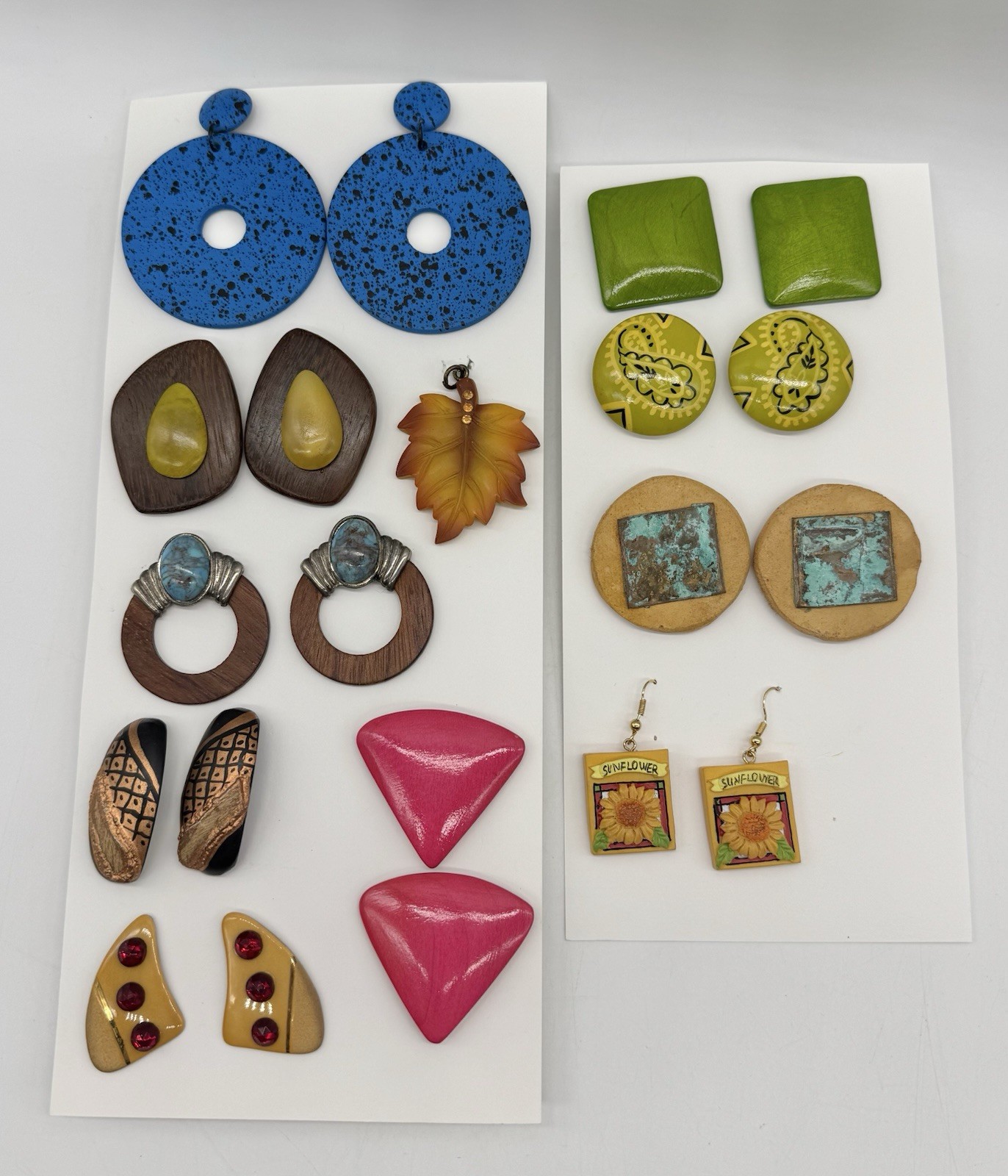 Lot of Vintage Wood ~ Clay? ~ Pierced Earrings ~ Resin Leaf Pendant 21 Pieces