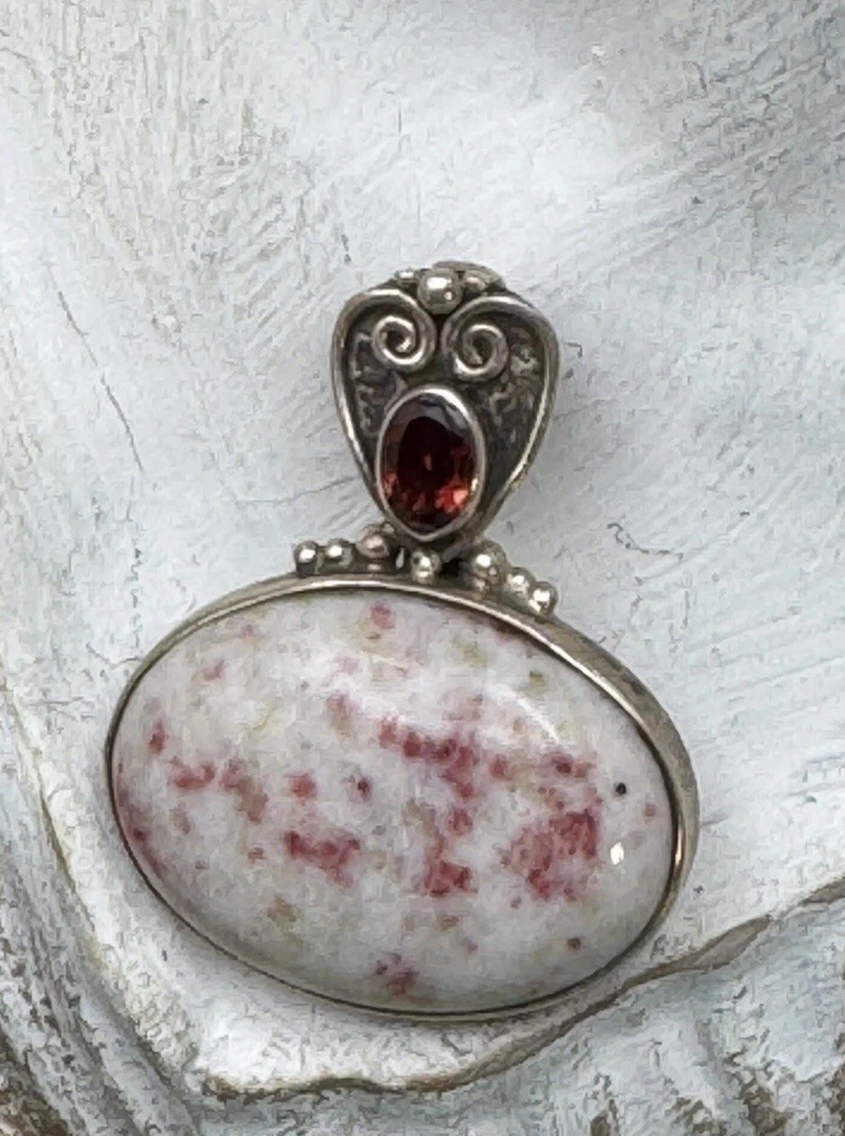 Vintage Pendant Sterling 925 Pink Flecked Stone Red Rhinestone ESTATE FIND