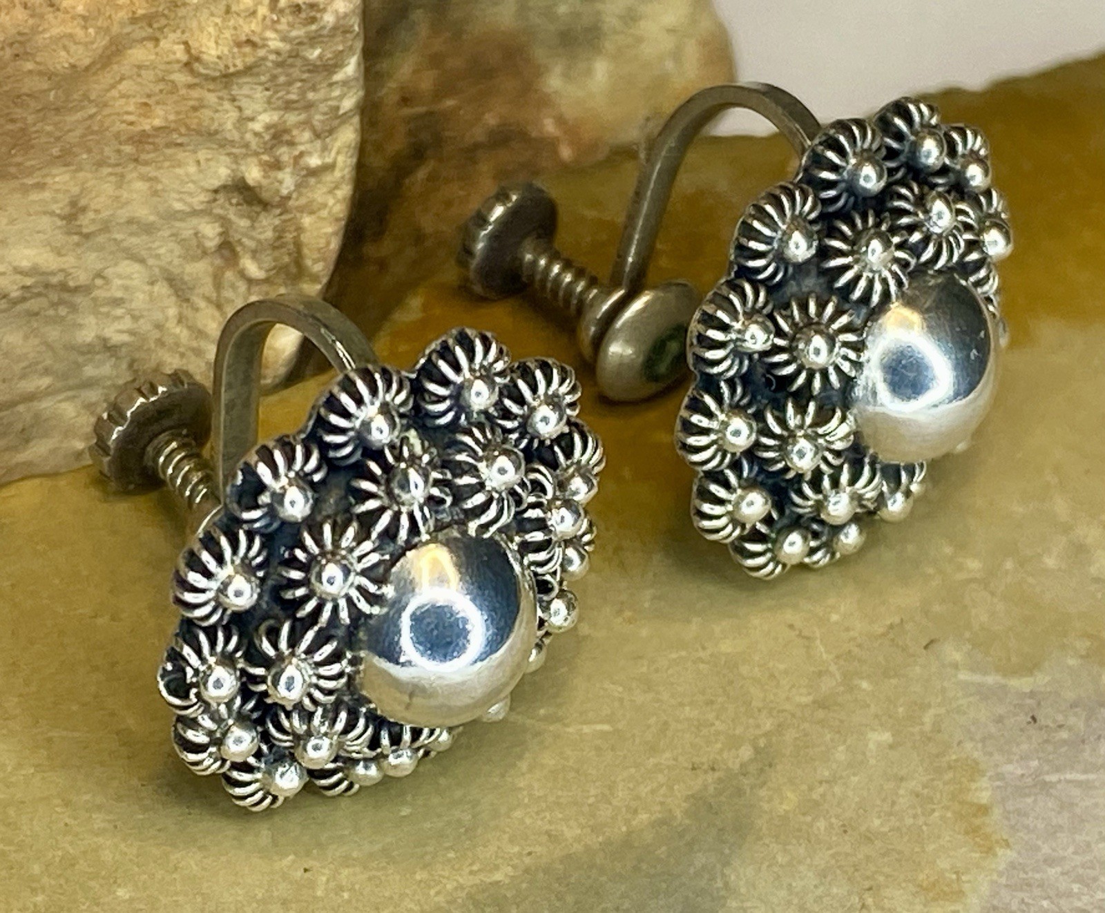 Vintage Mexican Sterling Silver 925 Mid-Century Brutalist Screw Back Earrings