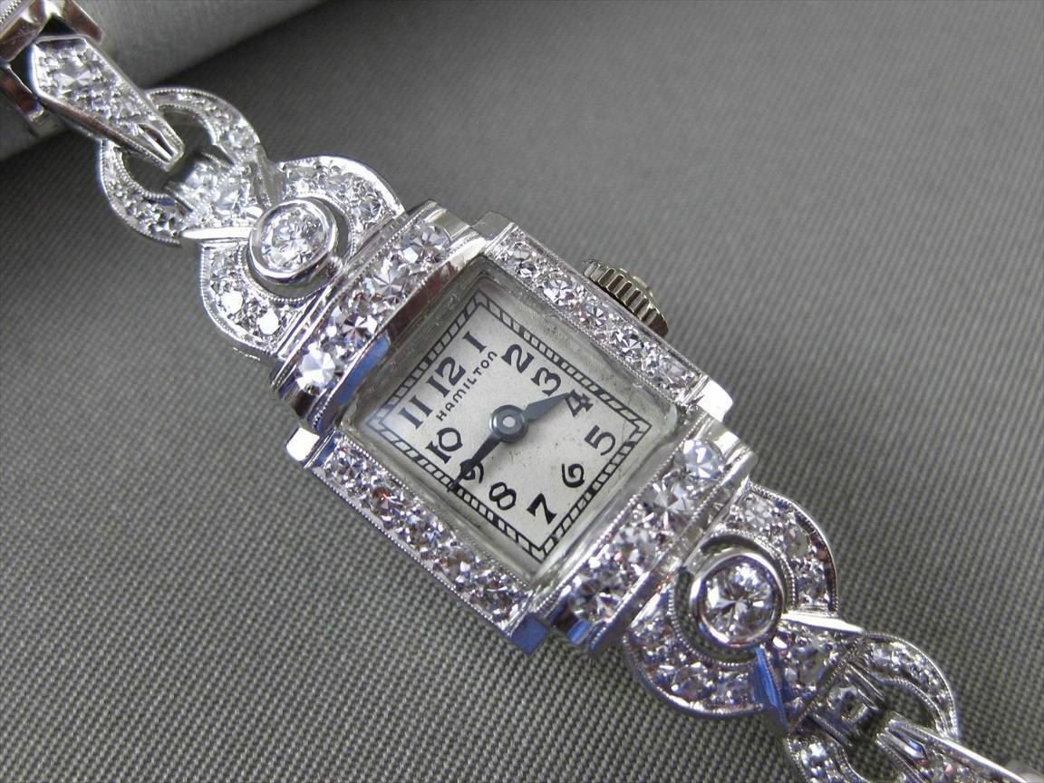 ANTIQUE LARGE 2.30CT OLD MINE DIAMOND PLATINUM HAMILTON WATCH F VVS/VS #14090