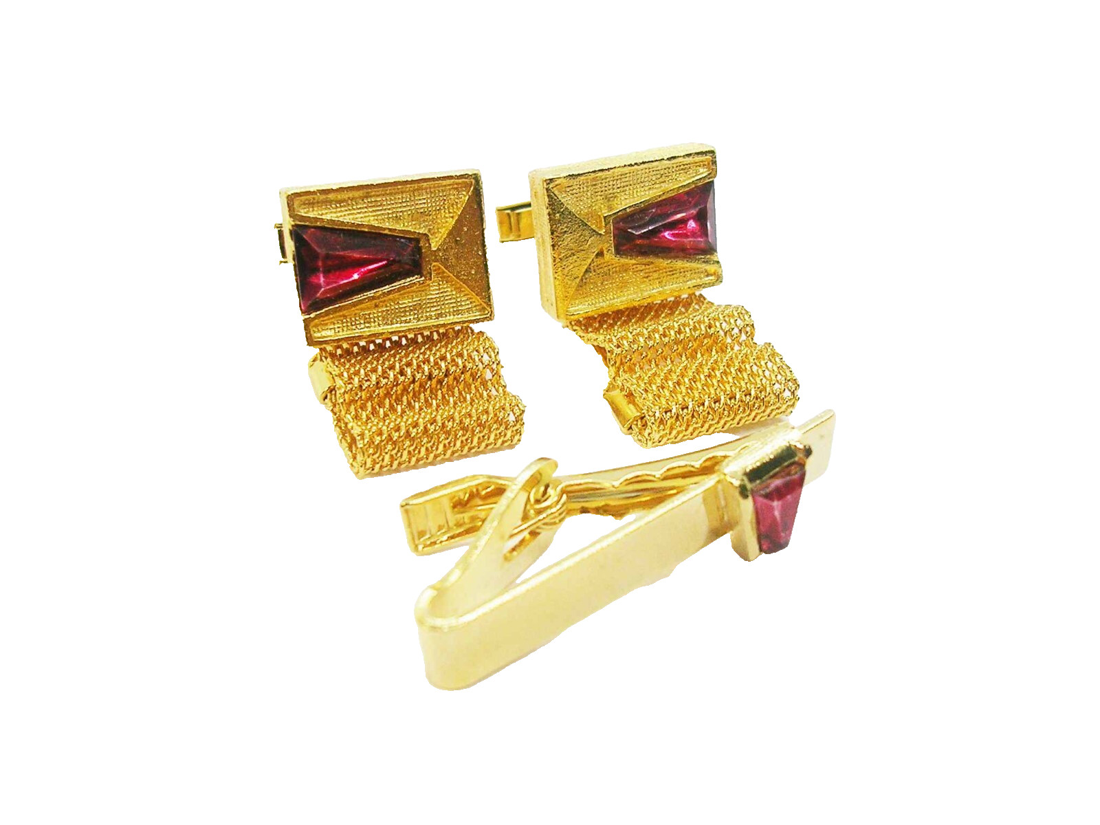 Vintage Cuff Links Tie Clip Set gold tone Mesh Wrap Formal Wear Suit Accessory