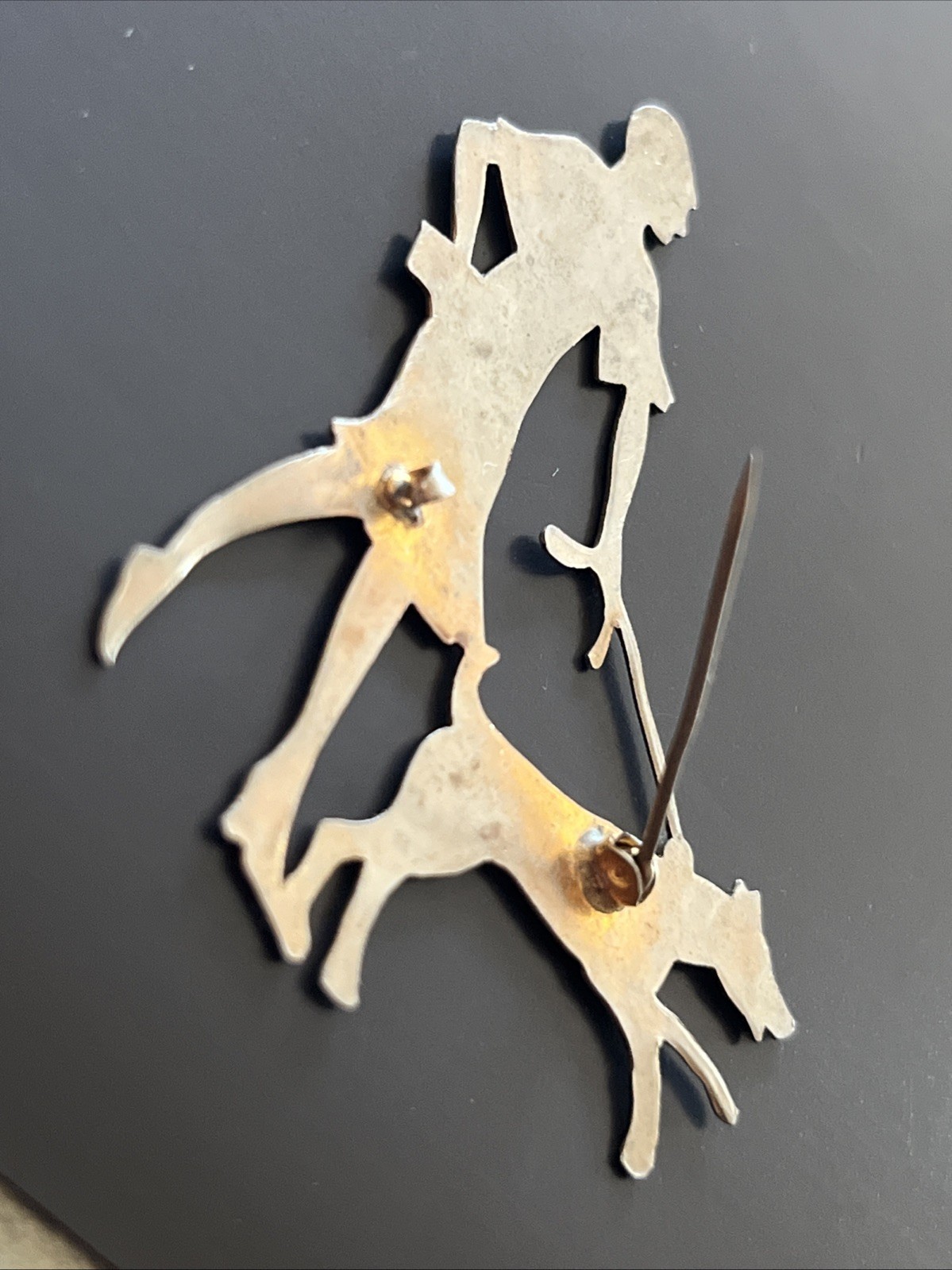 RARE Vogue ART DECO 1920s Vintage CHROME Lady Walking DOG Brooch PIN