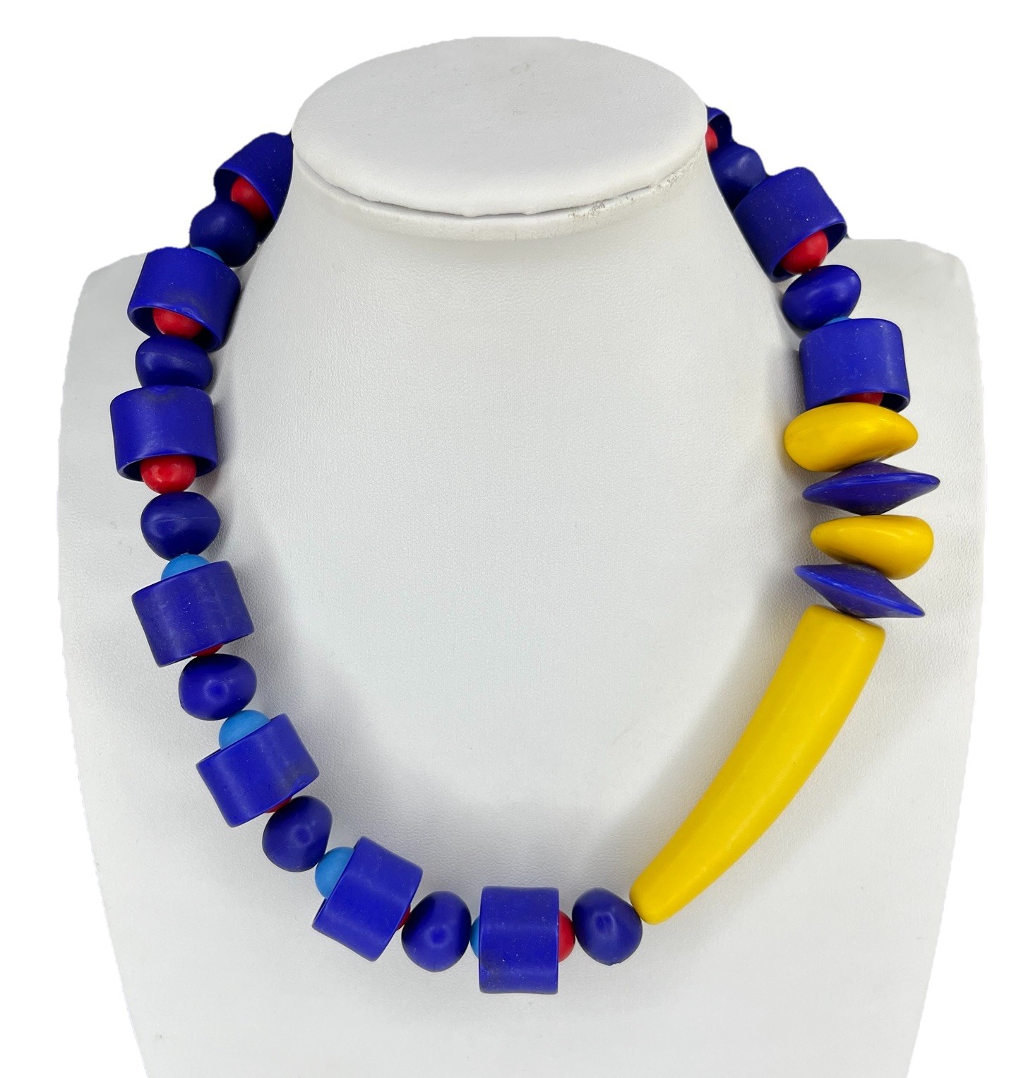 Vtg Modernist Beaded Necklace Bauhaus Red Yellow Blue Plastic Statement Choker
