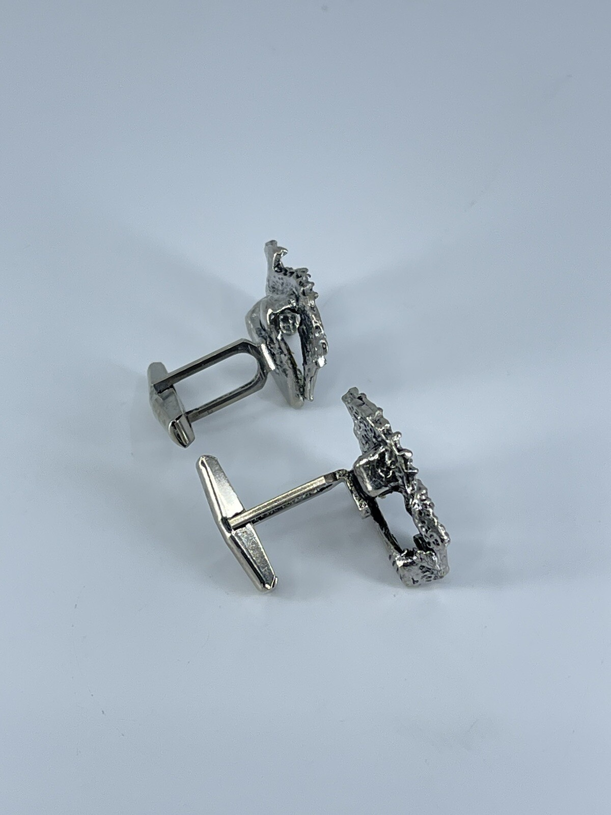 Vintage Seahorse cufflinks silver tone with black enamel accents 1-1/8″