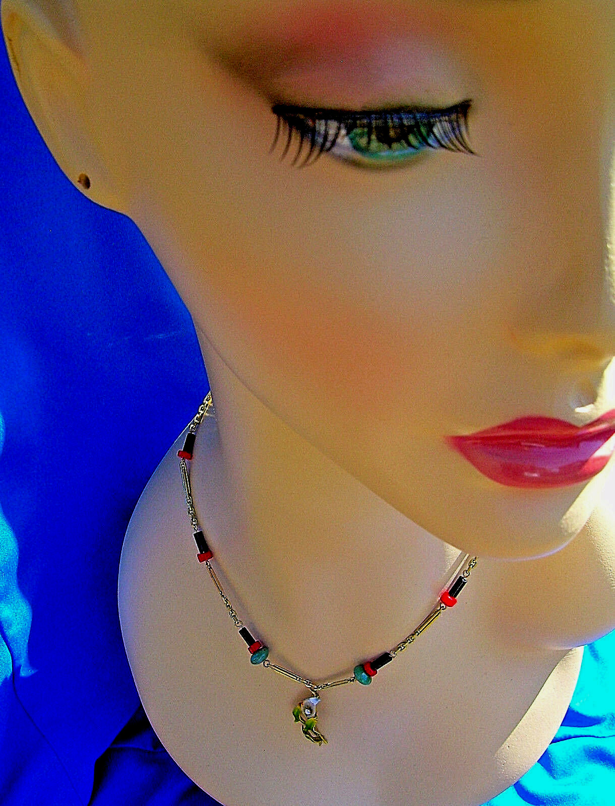 ORIGINAL Antique Deco Diamond Necklace Victorian Jade Onyx Coral Chain 14K GOLD