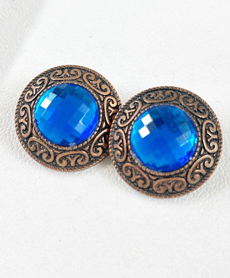 Vintage 80s Statement Clip On Earrings Blue Acrylic Stone Copper Tone Retro Bold
