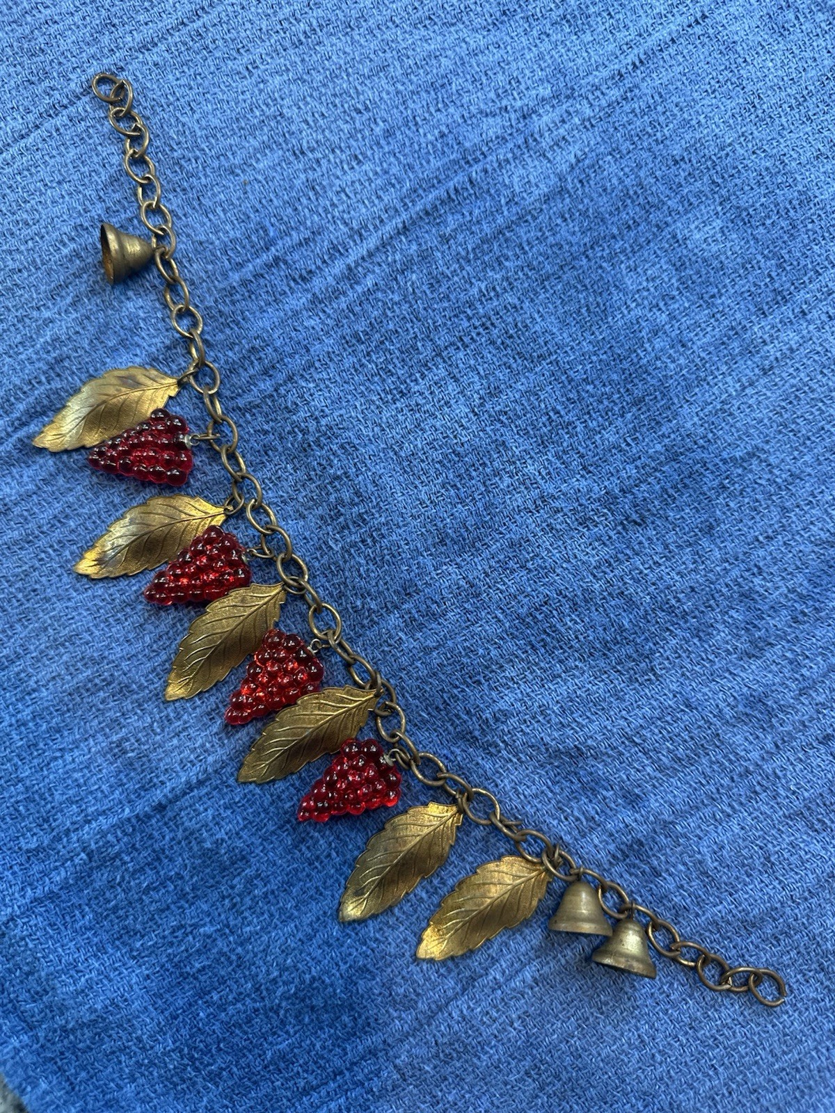 VINTAGE GLASS GRAPE CLUSTERS WITH BRASS BELLS & LEAVES BRACELET COSTUME JEWELERY