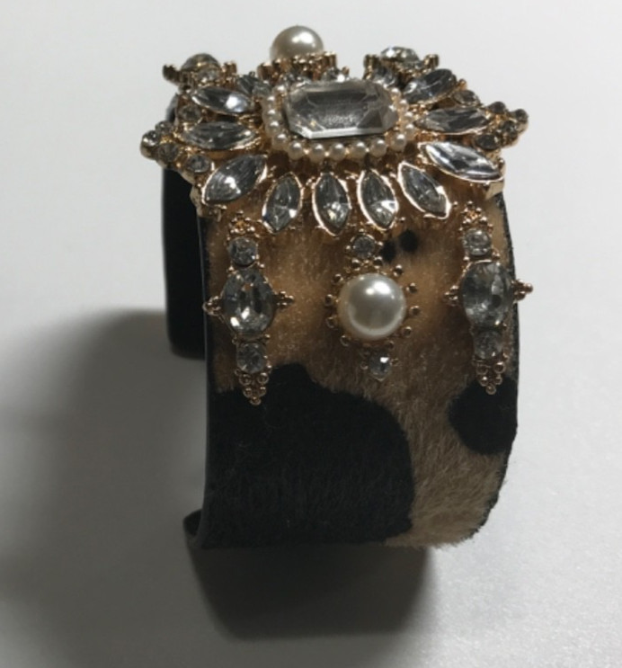 Vintage Cuff Bracelet Faux Fur Rhinestones Faux Pearls Statement Runway