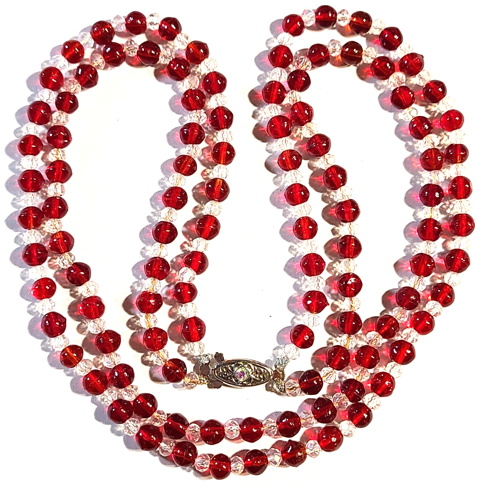 VINTAGE STUNNING SILVER TONE 2 STRAND DARK RED AB GLASS NECKLACE