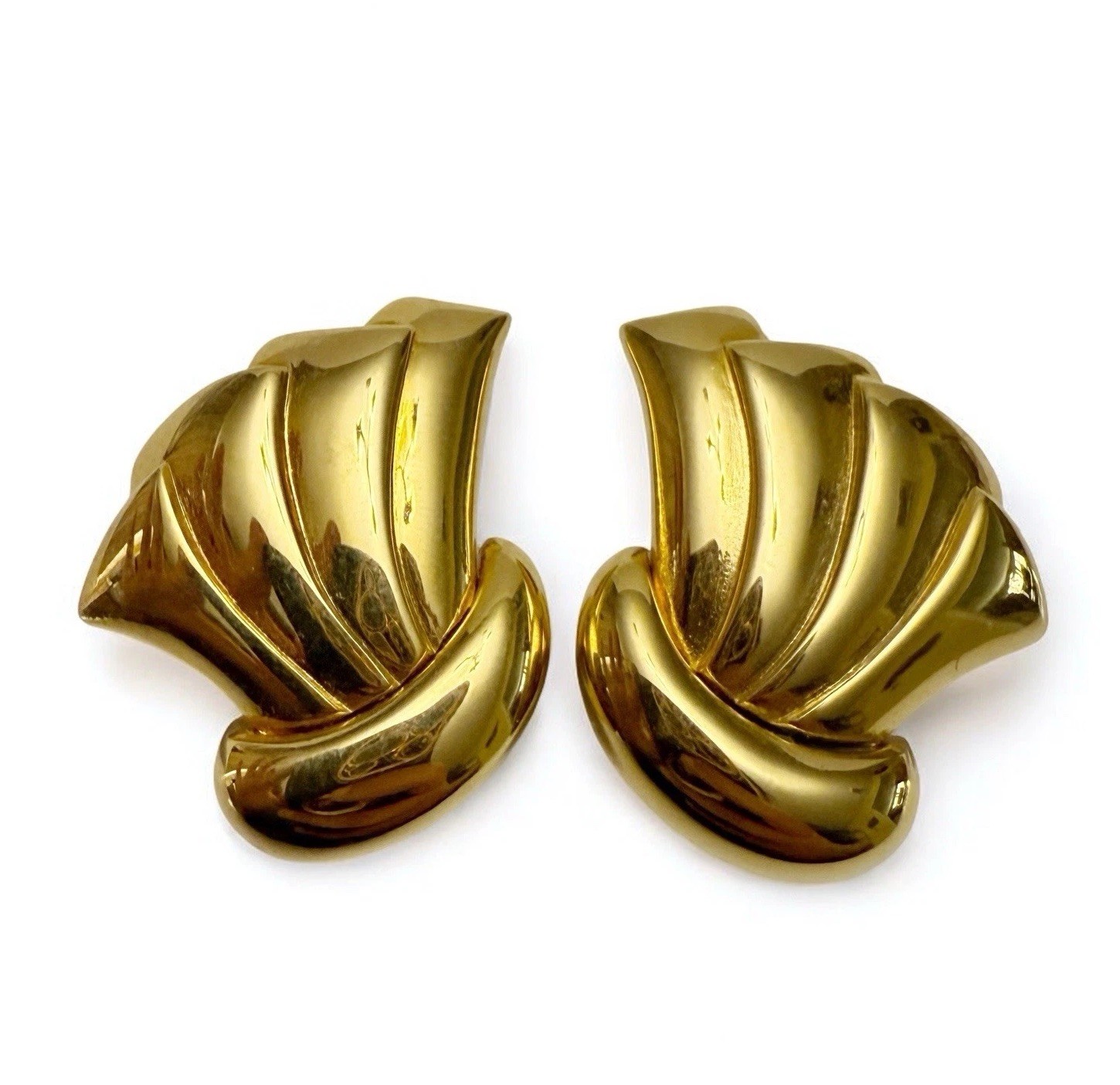 Vintage MONET Polished Goldtone Art Deco Revival Fan Wave Clip On Earrings