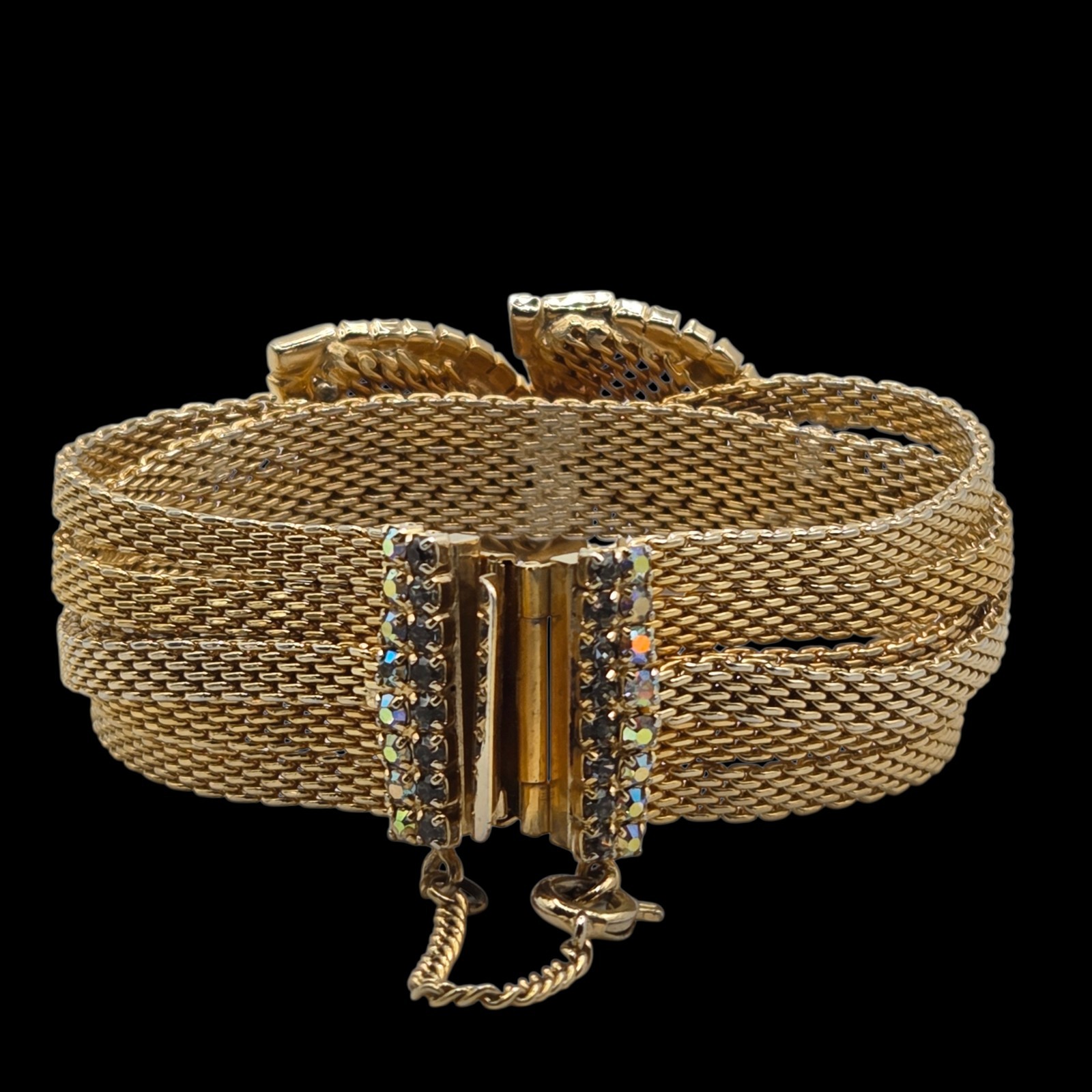 Vintage Hobé Gold Mesh Rhinestone Bracelet 7.25 In. Safety Chain – Signed