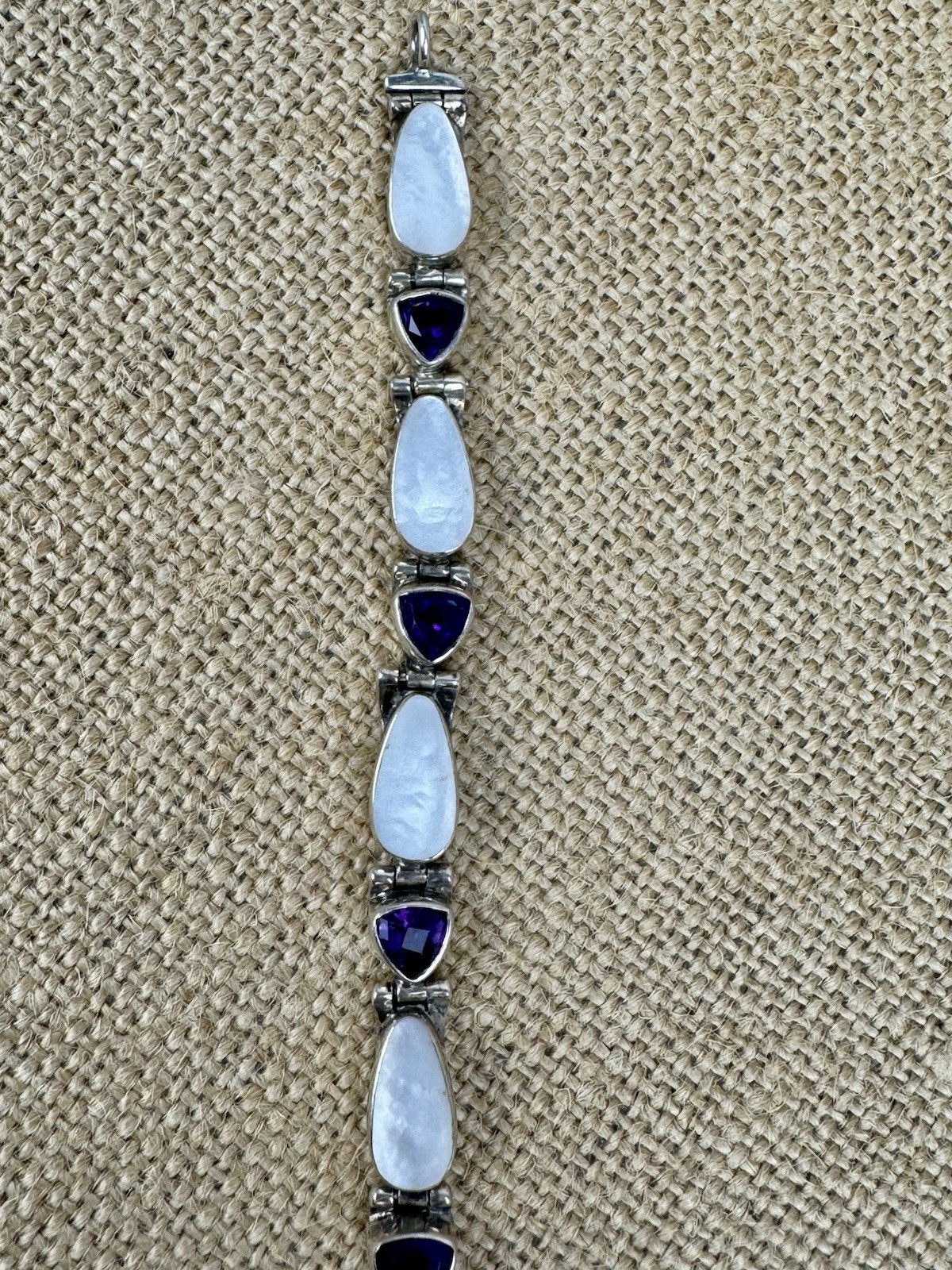 Vintage Acleoni Silver 925 Trillion Amethyst & Luminous Mother Of Pearl Bracelet