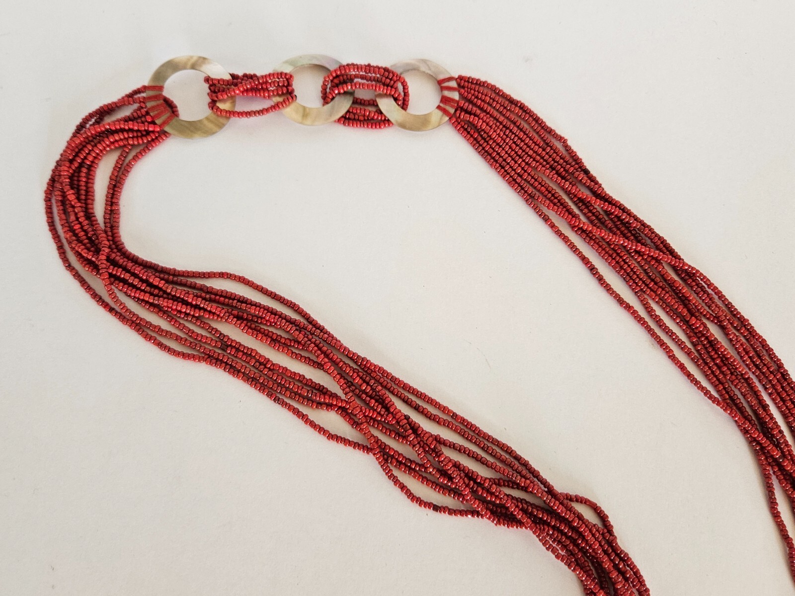 Vintage Seed Bead Multi Strand Wrap Around Necklace Red Shell