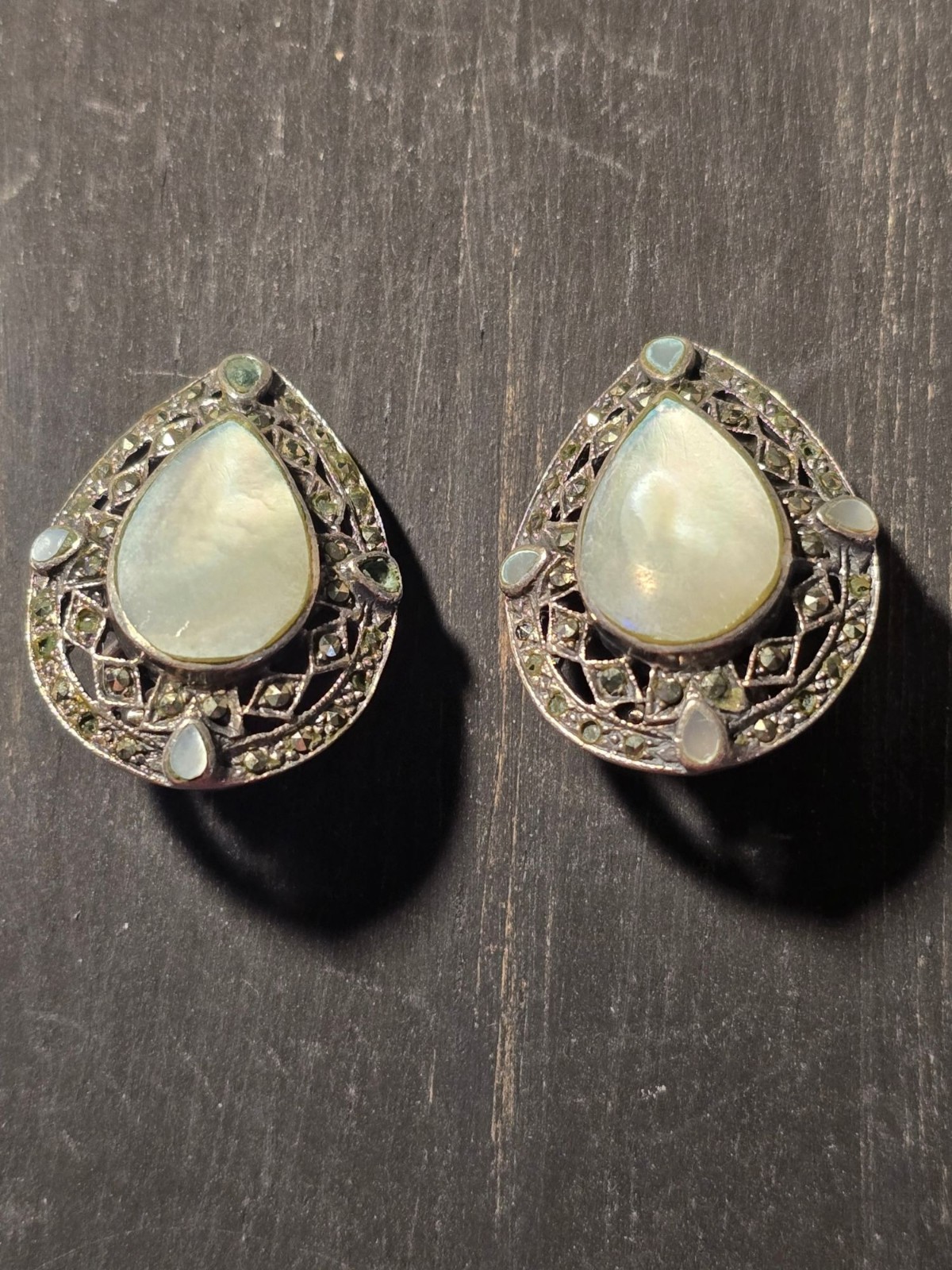 Vintage 1950’s Sterling SIlver .925 Marcasite Mother of Pearl Tear Drop Earrings