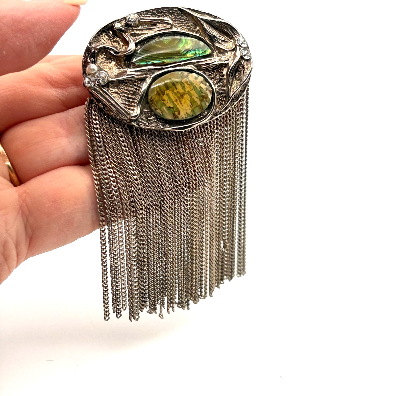 Vintage Modernist Art Nouveau Abalone Shell Waterfall Brooch Pin Fringe Chain